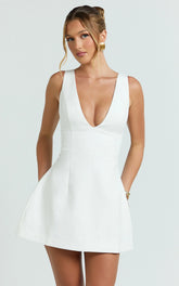 V Neck Fit And Flare Dress in White